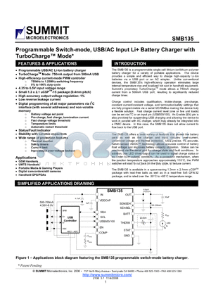 SMB135 datasheet - Programmable, USB/AC, Switch-Mode Battery Charger