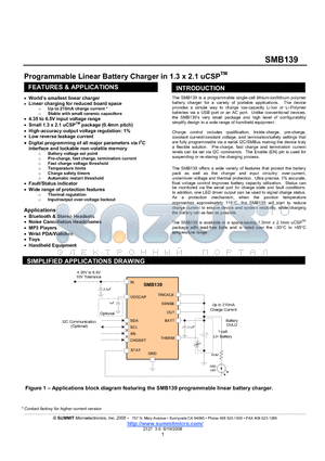 SMB139 datasheet - Programmable Linear Battery Charger in 1.3 x 2.1 uCSP