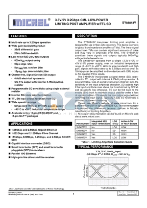 SY88843V datasheet - 3.3V/5V 3.2Gbps CML LOW-POWER LIMITING POST AMPLIFIER w/TTL SD