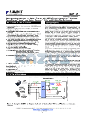 SMB136 datasheet - Programmable Switching Li Battery Charger with USB/AC Input, CurrentPath Manager