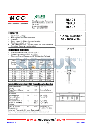 RL103 datasheet - 1 Amp Rectifier 50 - 1000 Volts