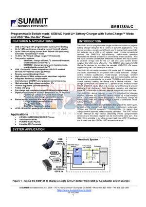 SMB138 datasheet - Programmable Switch-mode, USB/AC Input Li Battery Charger with TurboCharge