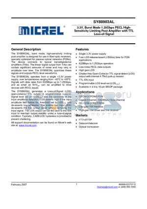 SY88903AL datasheet - 3.3V, Burst Mode 1.25Gbps PECL High-Sensitivity Limiting Post Amplifier with TTL Loss-of-Signal