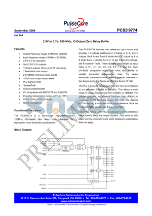 PCS5I9774 datasheet - 2.5V or 3.3V, 200-MHz, 12-Output Zero Delay Buffer