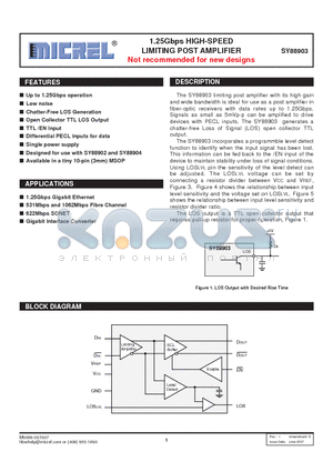 SY88903KCTR datasheet - 1.25Gbps HIGH-SPEED LIMITING POST AMPLIFIER
