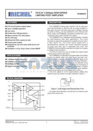 SY88903V datasheet - 5V/3.3V 1.25Gbps HIGH-SPEED LIMITING POST AMPLIFIER