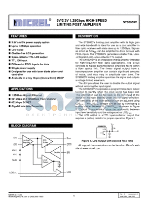 SY88903VKG datasheet - 5V/3.3V 1.25Gbps HIGH-SPEED LIMITING POST AMPLIFIER