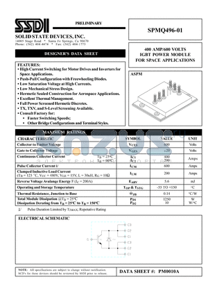 SPMQ496-01 datasheet - 400 AMP/600 VOLTS IGBT POWER MODULE FOR SPACE APPLICATIONS