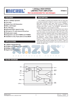SY88913 datasheet - 1.25Gbps HIGH-SPEED LIMITING POST AMPLIFIER