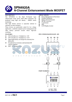 SPN4920AS8TG datasheet - N-Channel Enhancement Mode MOSFET