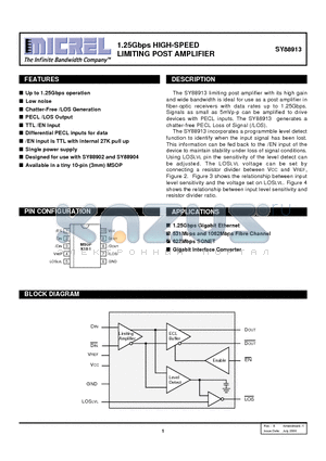 SY88913KC datasheet - 1.25Gbps HIGH-SPEED LIMITING POST AMPLIFIER