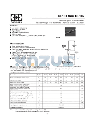 RL105 datasheet - GENERAL PURPOSE PLASITC RECTIFIER