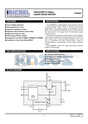 SY88922KC datasheet - SDH/SONET 2.5Gbps LASER DIODE DRIVER