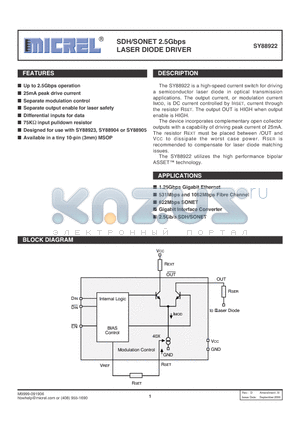 SY88922KC datasheet - SDH/SONET 2.5Gbps LASER DIODE DRIVER