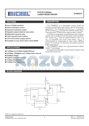 SY88922VKCTR datasheet - 5V/3.3V 2.5Gbps LASER DIODE DRIVER