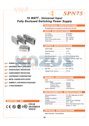 SPN75-05S datasheet - 75 WATT ,, Uniiverrsall IInputt Fulllly Encllosed Swiittchiing Powerr Supplly