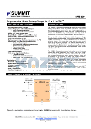 SMB239 datasheet - Programmable Linear Battery Charger in 1.3 x 2.1 uCSP