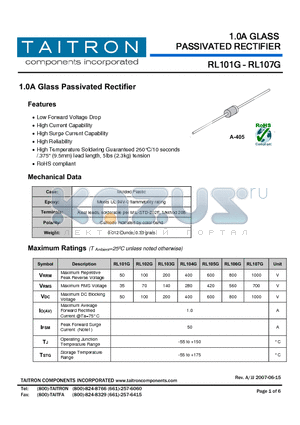 RL105G datasheet - 1.0A Glass Passivated Rectifier