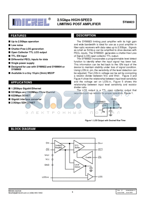 SY88923 datasheet - 2.5Gbps HIGH-SPEED LIMITING POST AMPLIFIER