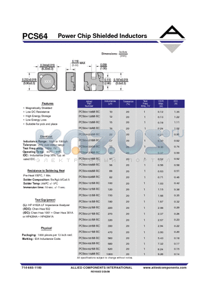 PCS64-330M-RC datasheet - Power Chip Shielded Inductors