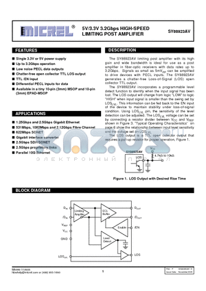 SY88923AVEY datasheet - 5V/3.3V 3.2Gbps HIGH-SPEED LIMITING POST AMPLIFIER