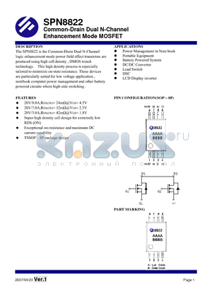 SPN8822 datasheet - Common-Drain Dual N-Channel Enhancement Mode MOSFET