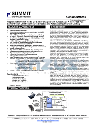 SMB329 datasheet - Programmable Switch-mode, Li Battery Chargers with TurboCharge Mode