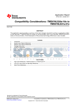 SPNA135A datasheet - Compatibility Considerations: TMS570LS20x/10x to TMS570LS31x/21x