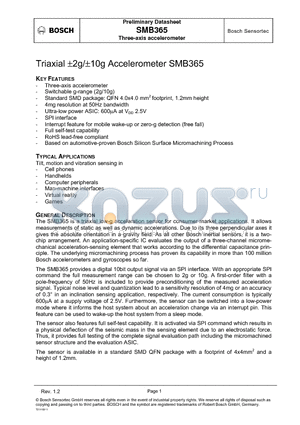 SMB365 datasheet - Three-axis accelerometer