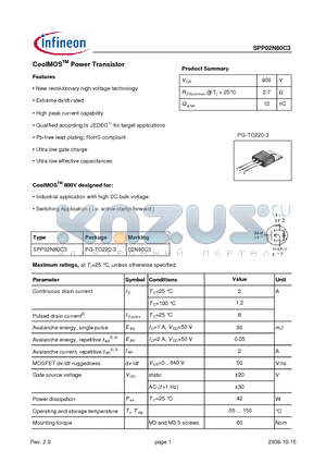 SPP02N80C3 datasheet - CoolMOSTM Power Transistor Features New revolutionary high voltage technology