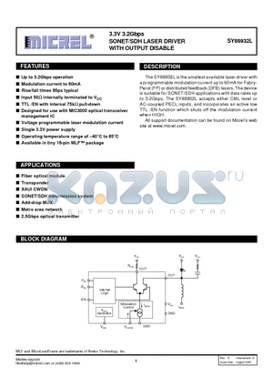 SY88932L datasheet - 3.3V 3.2Gbps SONET/SDH LASER DRIVER WITH OUTPUT DISABLE