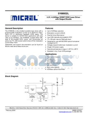 SY88932LMG datasheet - 3.3V, 4.25Gbps SONET/SDH Laser Driver