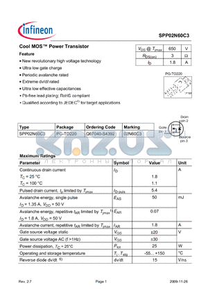 SPP02N60C3 datasheet - Cool MOS Power Transistor Feature New revolutionary high voltage technology