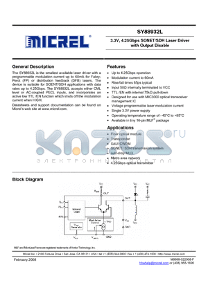 SY88932LMGTR datasheet - 3.3V, 4.25Gbps SONET/SDH Laser Driver with Output Disable