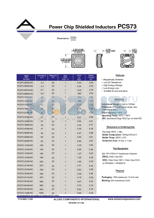 PCS73-121M-RC datasheet - Power Chip Shielded Inductors