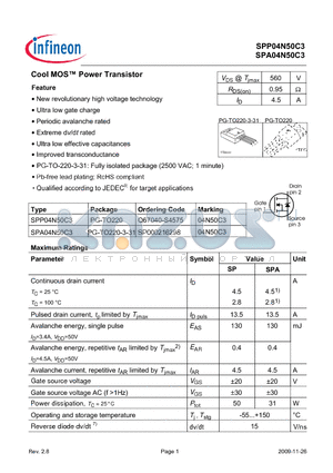 SPP04N50C3 datasheet - New revolutionary high voltage technology Ultra low gate charge Periodic avalanche rated