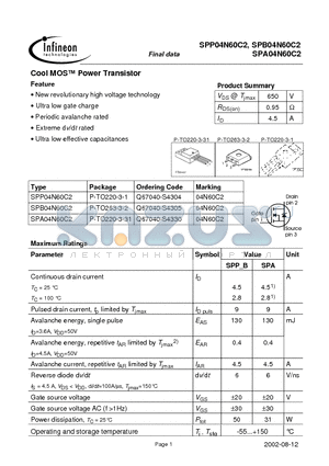 SPP04N60C2 datasheet - Cool MOS Power Transistor