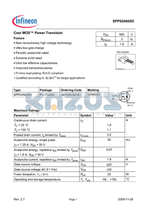 SPP02N60S5 datasheet - Cool MOS Power Transistor Feature New revolutionary high voltage technology