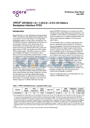 ORT82G5 datasheet - ORCA ORT82G5 1.0.1-25/2.0-2.5/3.125 Gbits/s Backplane Interface FPSC