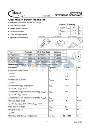 SPP07N60S5 datasheet - Cool MOS Power Transistor