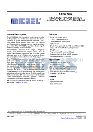 SY88933ALKG datasheet - 3.3V, 1.25Gbps PECL High-Sensitivity Limiting Post Amplifier w/TTL Signal Detect