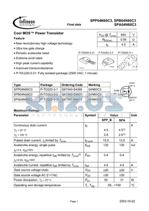 SPP04N60C3 datasheet - Cool MOS Power Transistor