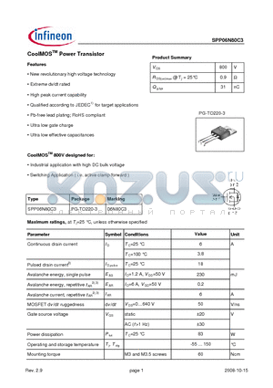 SPP06N80C3 datasheet - CoolMOSTM Power Transistor