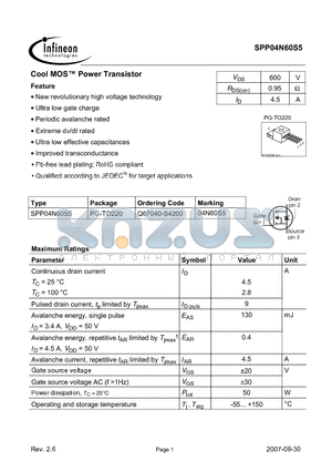 SPP04N60S5 datasheet - New revolutionary high voltage technology Ultra low gate charge Extreme dv/dt rated