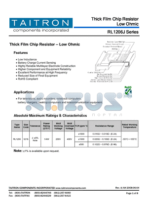 RL1206JR51-XX-TR70 datasheet - Thick Film Chip Resistor  Low Ohmic