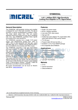 SY88933ALKG datasheet - 3.3V, 1.25Gbps PECL High-Sensitivity Limiting Post Amplifier w/TTL Signal Detect