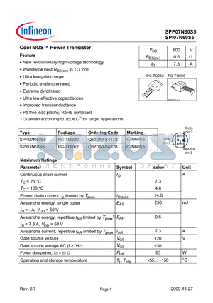 SPP07N60S5 datasheet - Cool MOS Power Transistor Feature New revolutionary high voltage technology