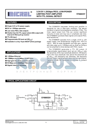 SY88933VKCTR datasheet - 3.3V/5V 1.25Gbps PECL LOW-POWER LIMITING POST AMPLIFIER WITH TTL SIGNAL DETECT