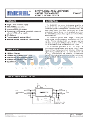 SY88933VKCTR datasheet - 3.3V/5V 1.25Gbps PECL LOW-POWER LIMITING POST AMPLIFIER WITH TTL SIGNAL DETECT