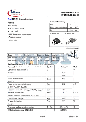 SPP100N06S2L-05 datasheet - OptiMOS Power-Transistor